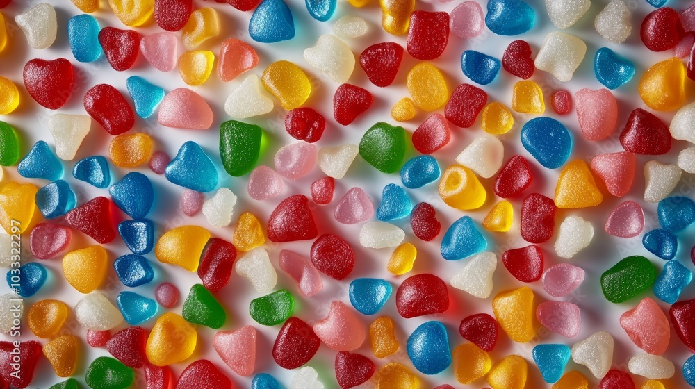 A close-up view of colorful, transparent jelly candies scattered on a white background. A close-up view of colorful, transparent jelly candies scattered on a white background.