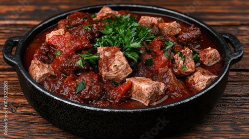 Delicious Beef Stew in Cast Iron Pot with Parsley Garnish on Rustic Wooden Table