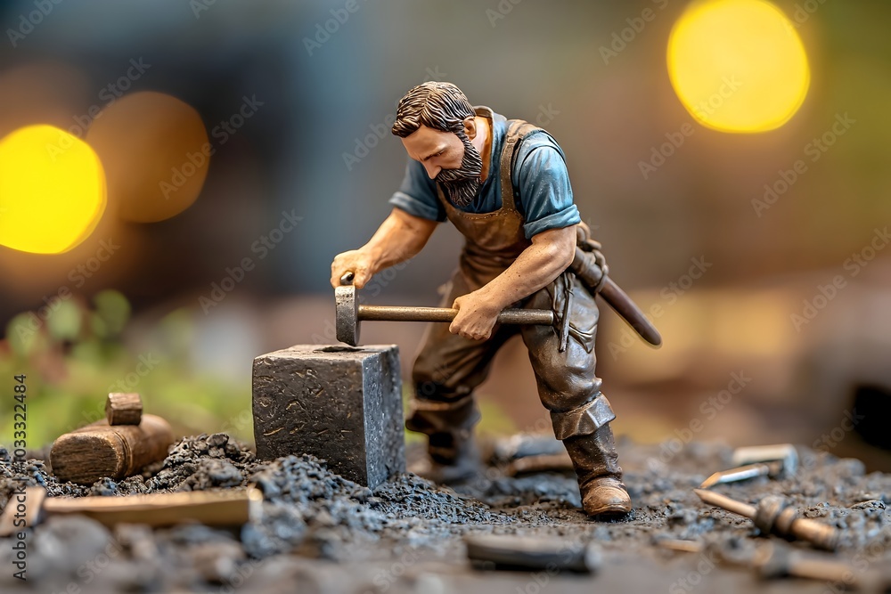 Skilled Medieval Blacksmith Figurine Hammering Anvil with Sharp Details and Professional Lighting