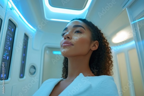 Young woman in a whole body cryotherapy cabin