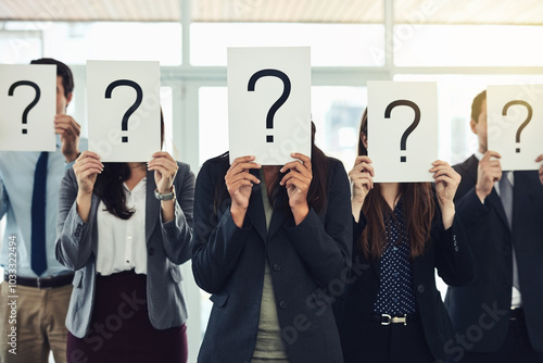 Photography Question mark, group and paper in office, business and colleagues with sign, clueless or professional