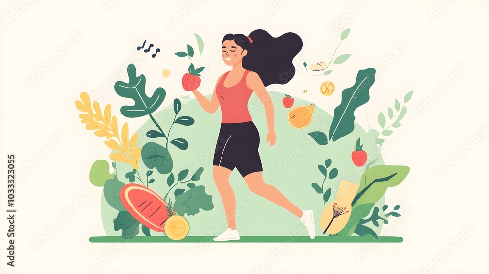 Happy Woman Running with Fruit and Plants Happy Woman Running with Fruit and Plants