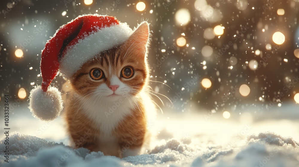 Adorable Kitten Wearing Santa Hat in Snowy Winter Wonderland Adorable Kitten Wearing Santa Hat in Snowy Winter Wonderland