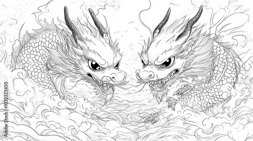 Two Dragons in Clouds  Traditional Asian Art  Line Art Drawing  Black and White Illustration photo