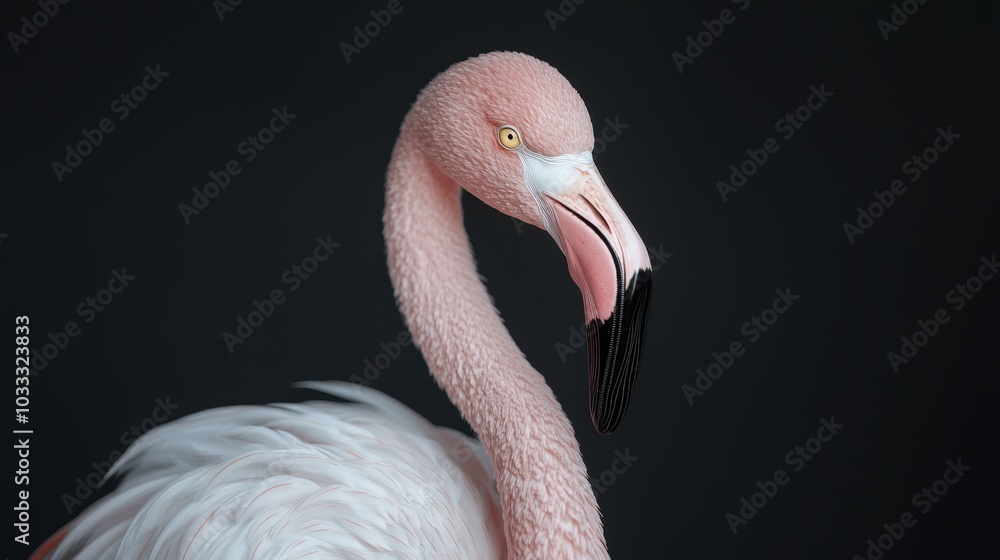 Fototapeta premium Pink Flamingo Portrait with Black Background Elegant Bird Photography