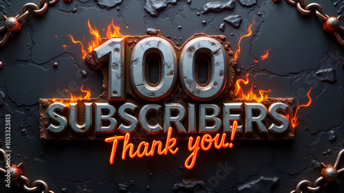 A striking graphic celebrating 100 (one hundred) subscribers with fiery elements and bold lettering. For social media posts, milestones, and digital marketing campaigns to engage audiences