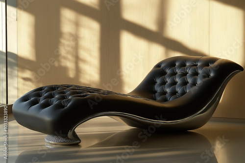 interior design, chaiselongue made of black leather with silver accents against elegant wooden wall, elegant luxury button tufting sofa, photorealistic photo