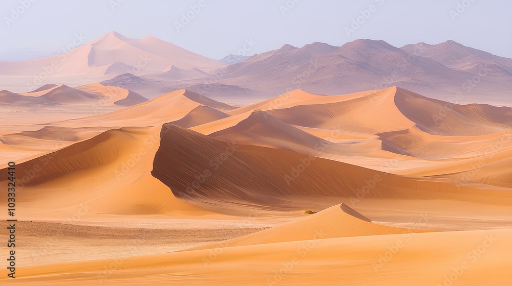 Fototapeta premium A vast desert landscape featuring rolling sand dunes, soft warm tones, and distant mountains creating a serene and expansive environment.