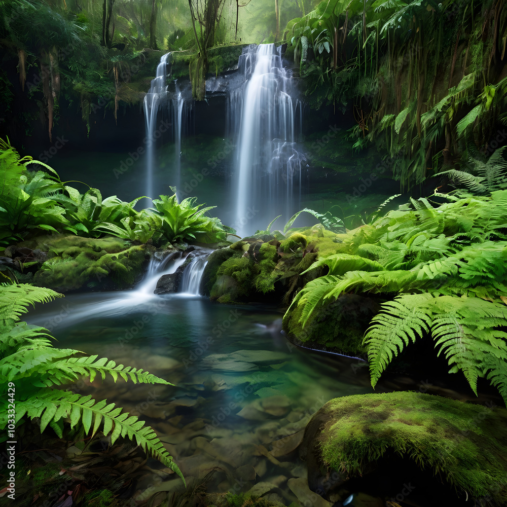 Fototapeta premium Misty Waterfall in a Lush Rainforest