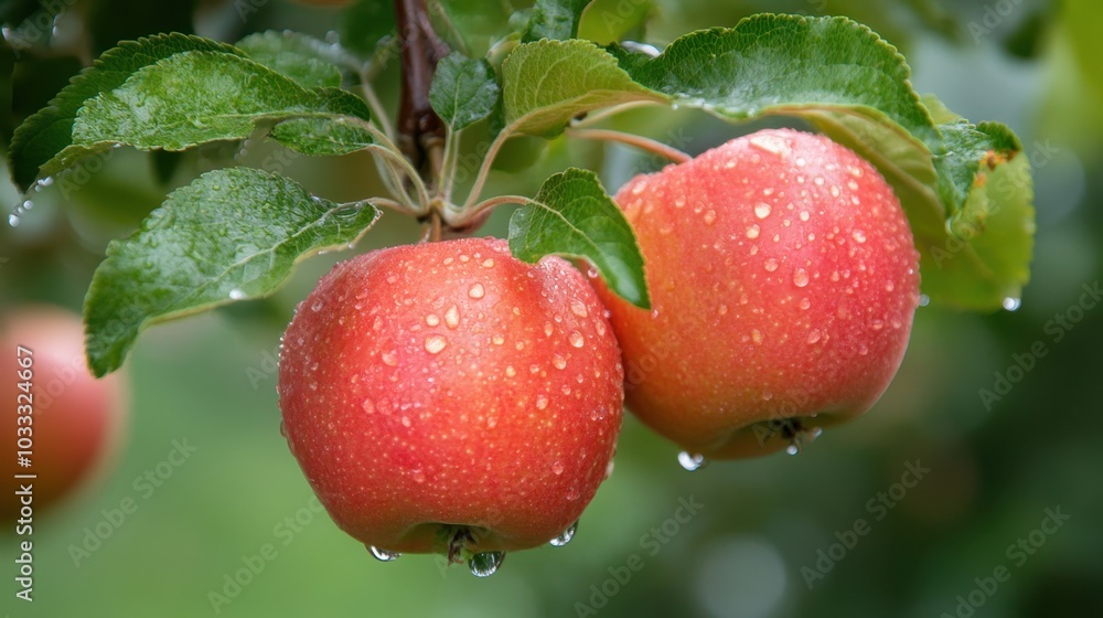 Obraz premium Apples with dewdrops in close-up with warm daylight hanging from tree branch