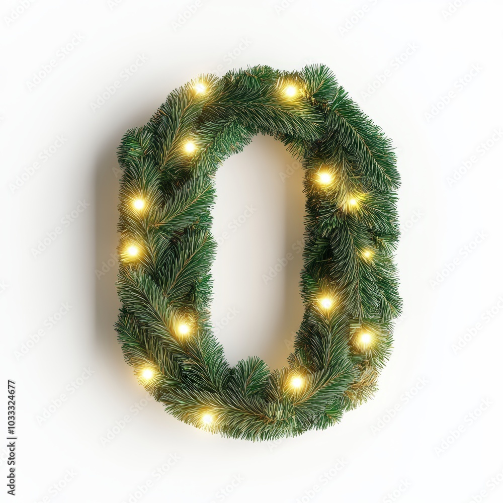 3D number 0 with Christmas tree branches realistic modern design, soft lighting, white background 3D number 0 with Christmas tree branches realistic modern design, soft lighting, white background