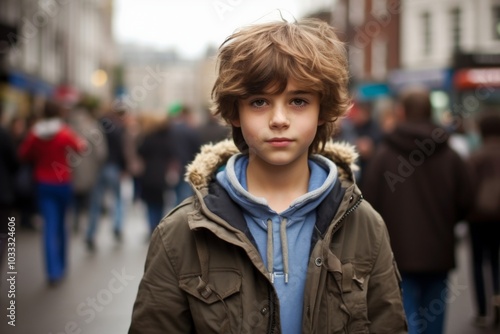 A young boy wearing a green jacket and blue hoodie stands in a crowded street