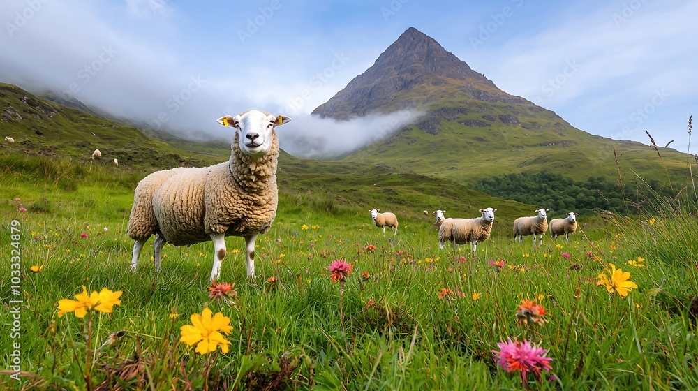 Naklejka premium A tranquil highland meadow dotted with wildflowers and grazing sheep, set against a backdrop of misty mountains. The scene conveys a sense of peace and solitude, perfect for travelers seeking a
