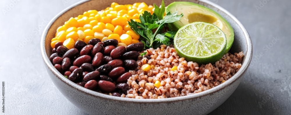 A nutritious bowl filled with quinoa, black beans, corn, lime, and fresh cilantro, perfect for healthy meals and meal prep. A nutritious bowl filled with quinoa, black beans, corn, lime, and fresh cilantro, perfect for healthy meals and meal prep.