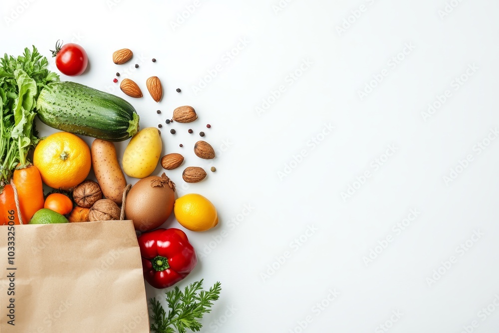Paper bag with various fresh vegetables, fruits, nuts, and spices on a white background. Paper bag with various fresh vegetables, fruits, nuts, and spices on a white background.