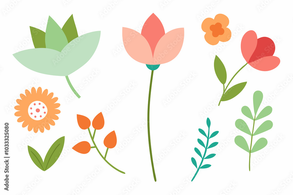 Obraz premium Botanic set of leaves and flower vector illustration.