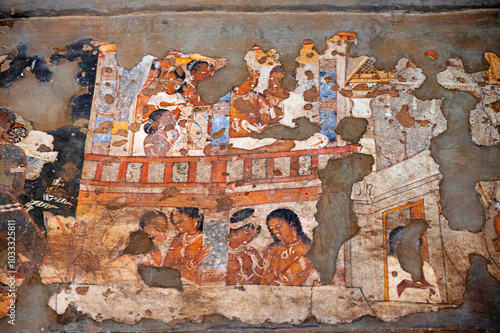 Cave 17, the Ajanta Caves, a UNESCO World Heritage Site, are 30 rock-cut Buddhist cave monuments dating from the second century located near Ajantha,Aurangabad , Maharashtra, India photo