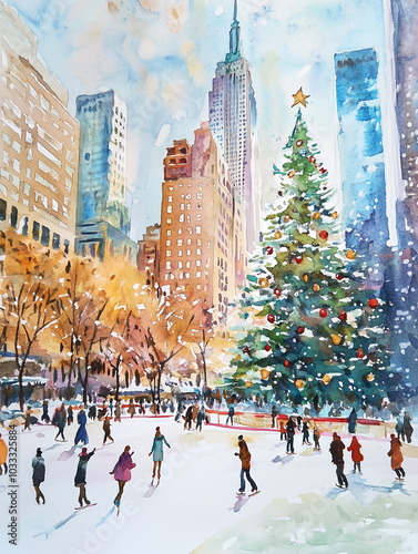 Winter, snowy city street. Christmas or New Year's Eve. People skate on an ice rink. Big Christmas tree, city. Winter. Evening, lights are shining. Modern city, skyscrapers.