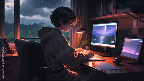 Cool Lofi boy studying at her desk Rainy or cloudy outside beautiful chill atmospheric wallpaper 4K streaming background lofi hiphop style Anime manga style 