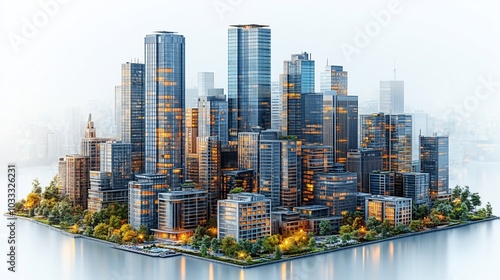 A modern city skyline with skyscrapers, greenery, and water reflections.