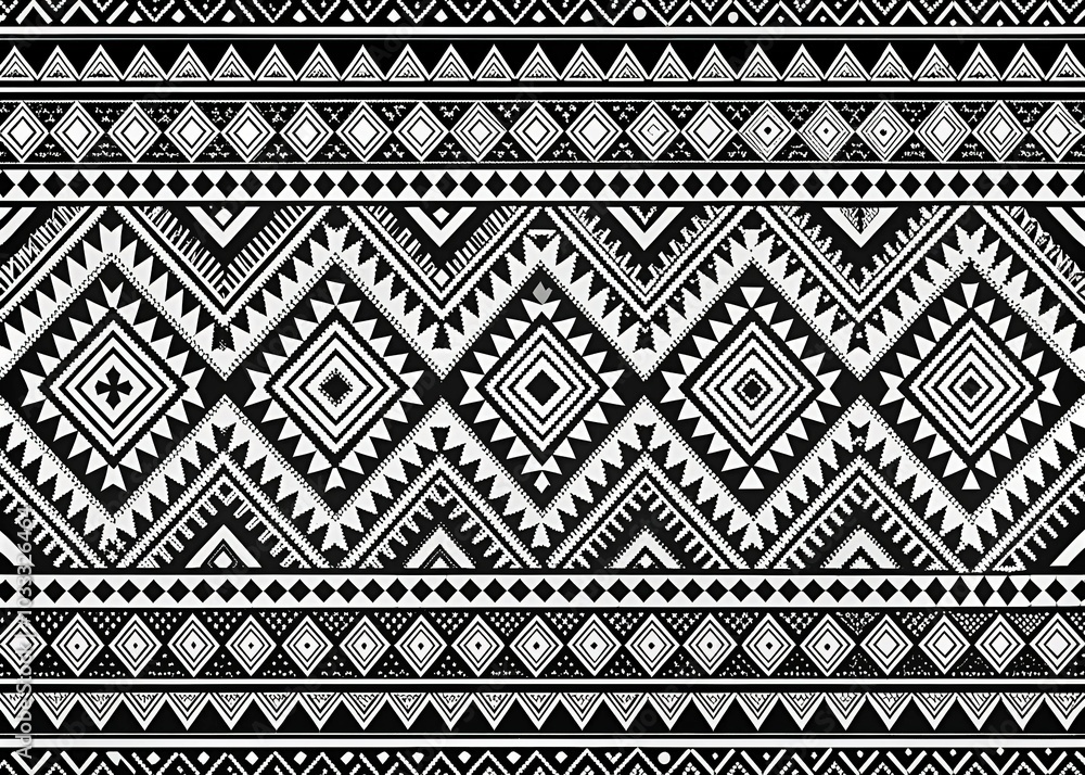 Panoramic Geometric Aztec Pattern in Monochrome for Seamless Backgrounds Panoramic Geometric Aztec Pattern in Monochrome for Seamless Backgrounds