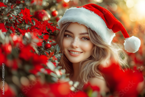 Santy woman in red dress of santa claus costume.