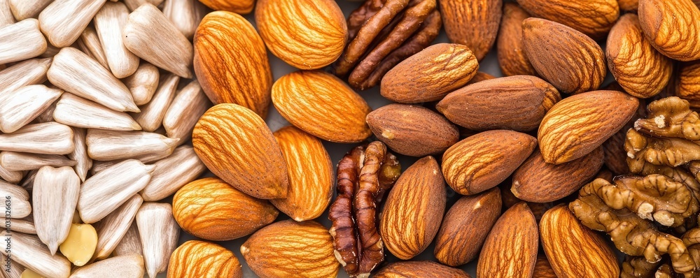 Fototapeta premium A vibrant assortment of various nuts including almonds, walnuts, and sunflower seeds on a textured surface, perfect for healthy snacking.