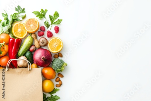 Fresh produce in a paper bag with copy space.