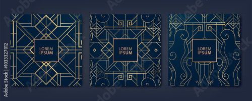 УстройстваVector set of asian style art deco geometric cards, gold on black korean, japanese backgrounds, oriental line graphic, new year ornament