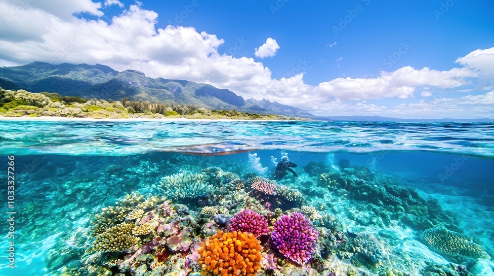 A serene landscape capturing the tranquility of the Great Barrier Reef, with vibrant coral formations visible through crystal-clear waters. Divers exploring the underwater paradise create a sense of A serene landscape capturing the tranquility of the Great Barrier Reef, with vibrant coral formations visible through crystal-clear waters. Divers exploring the underwater paradise create a sense of