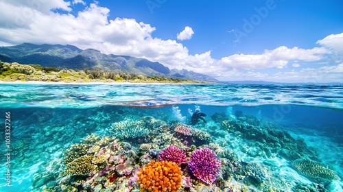 A serene landscape capturing the tranquility of the Great Barrier Reef, with vibrant coral formations visible through crystal-clear waters. Divers exploring the underwater paradise create a sense of