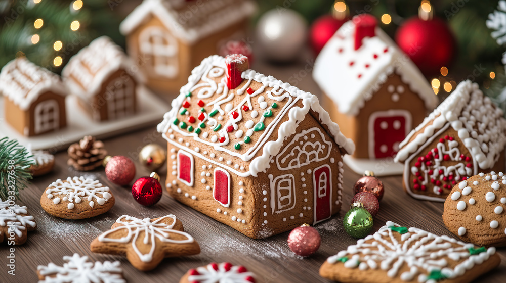 Holiday Christmas gingerbread house with Christmas decoration Holiday Christmas gingerbread house with Christmas decoration