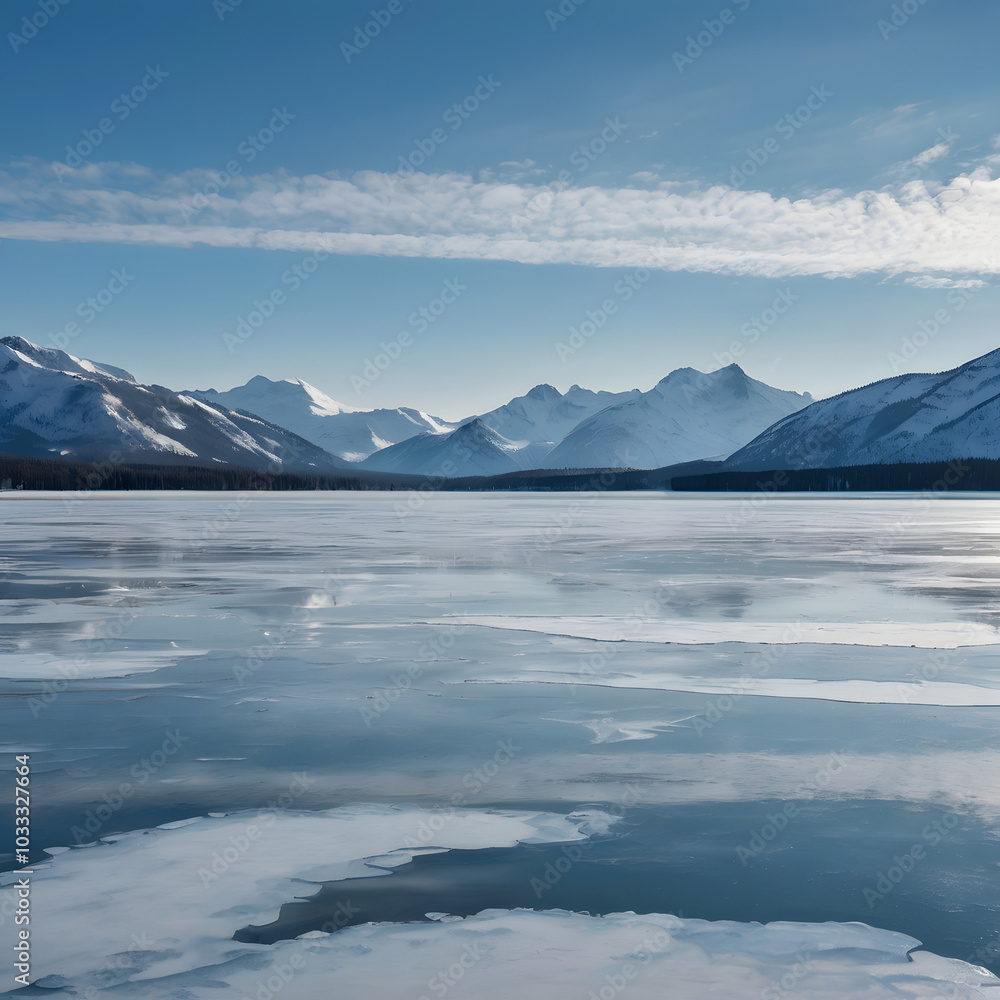 Frozen Lake with Snowy Mountains in the Distance Frozen Lake with Snowy Mountains in the Distance