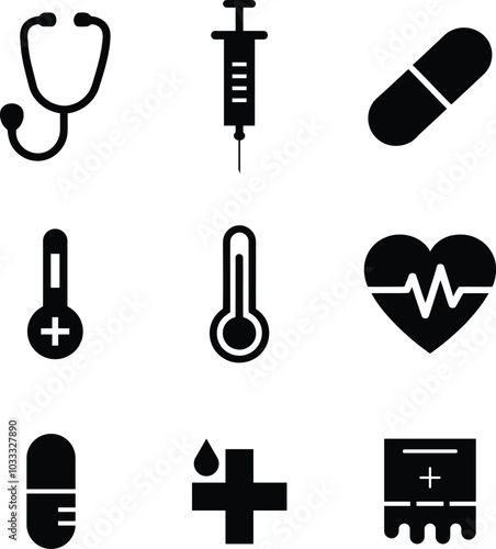 Vector black medical icons set on white background for graphic and web design. Stethoscope, pills, heart, syringe.