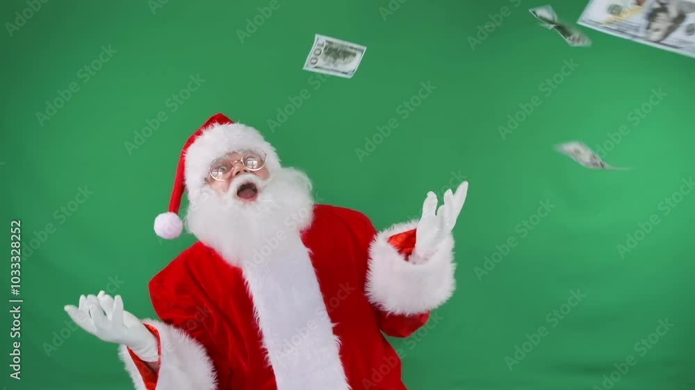Smiling Santa standing under rain of money US dollar bills, with fingers thumbs up, green background, close-up. Slow motion. Smiling Santa standing under rain of money US dollar bills, with fingers thumbs up, green background, close-up. Slow motion.