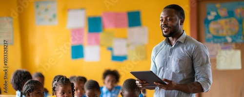 Man teaching an elementary school class using a digital tablet, Generative AI