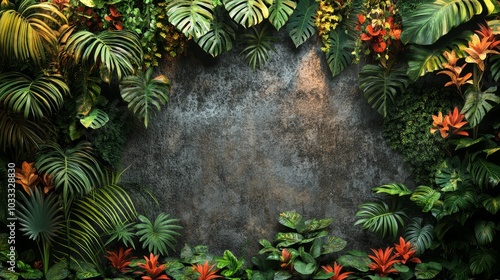 Tropical Jungle Foliage Border with Concrete Wall Background
