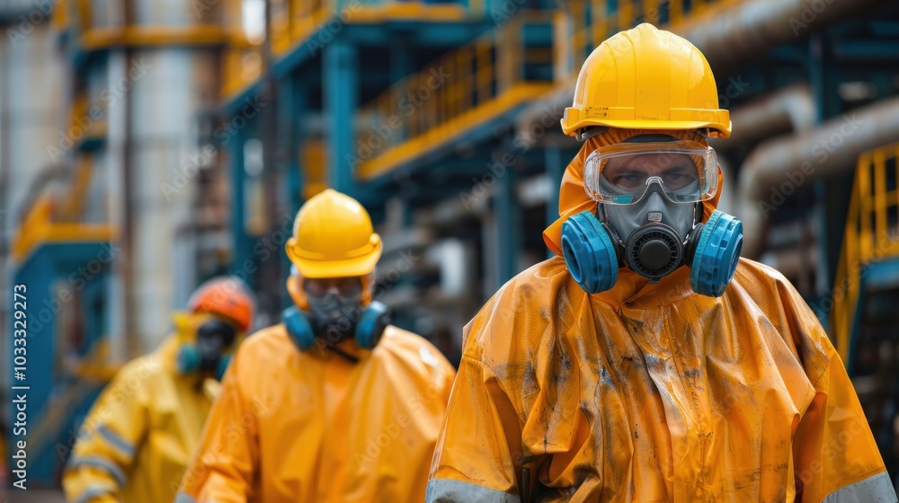 Workers in Protective Gear Adhere to Safety Protocols in Industrial Setting with Careful Precision