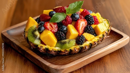 Fresh fruit salad with tropical fruits like mango, kiwi, and berries, tossed with a citrus dressing and served in a hollowedout pineapple, 3D illustration photo