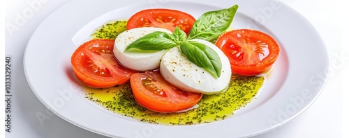 Fresh mozzarella and tomato salad with a pesto drizzle, elegantly plated with basil leaves and olive oil for a vibrant, Italianinspired dish, 3D illustration photo