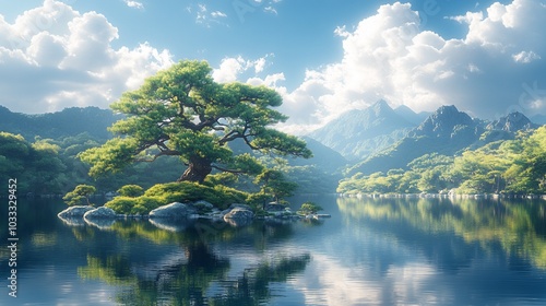 A serene landscape featuring a tree by a calm lake, surrounded by mountains and clouds.