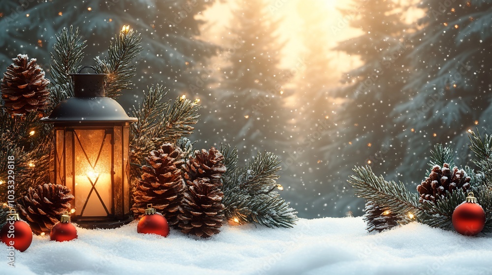 A serene winter scene with a lantern, pine cones, and ornaments amidst falling snow. A serene winter scene with a lantern, pine cones, and ornaments amidst falling snow.