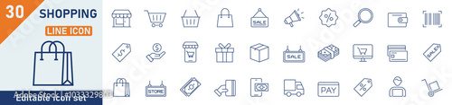 Shopping line icon set. Set of 30 outline icons related to shopping, store, costumer, product, purchase, prices, discounts, and others. Vector illustration.