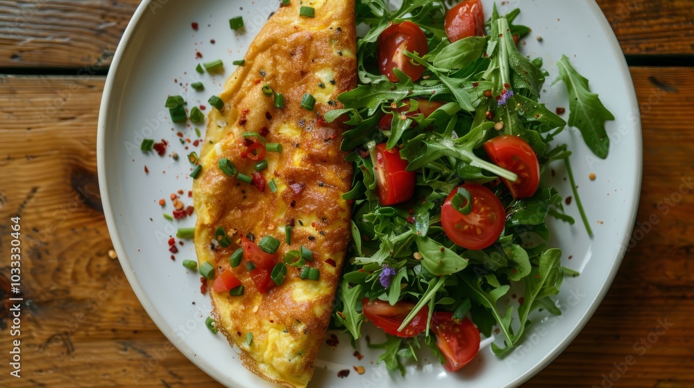 Omelette garnished with herbs lies on a plate next to a fresh arugula salad with cherry tomatoes. Concept of a healthy breakfast meal. For food magazine illustrations..