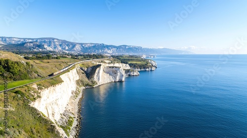 A scenic coastal route where a train navigates along the cliffs, overlooking a vast ocean. The image captures the contrast between the rugged coastline and the smooth lines of the train, inviting