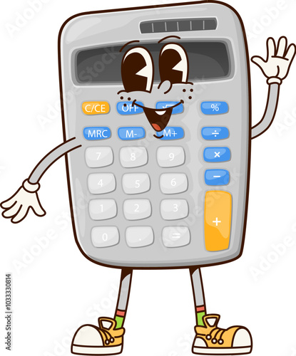 Groovy school calculator character. Elementary school stationery or equipment happy personage, student education or business accounting calculator cute retro vector character or isolated groovy mascot