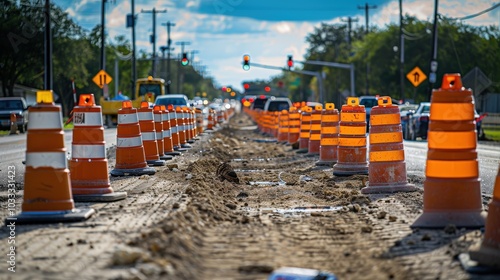 Road Construction Scene with Traffic Control Devices and Busy Street Setting Amidst Daylight photo