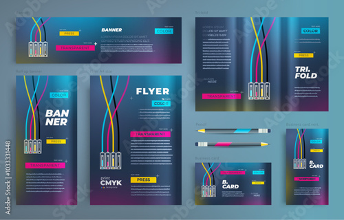 Identity print cmyk ink polygraphy printing theme Set flyer cover, tri-fold, banner, roll up banner, business card