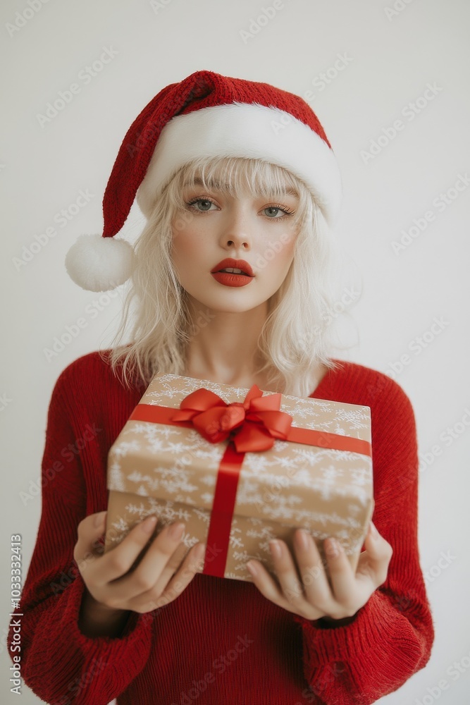 Beauty Blonde Girl wearing santa claus costume and holding gifts, Awe-inspiring, Front View View, Closeup, Soft Lighting, Model Photography, Isolated on White Background Beauty Blonde Girl wearing santa claus costume and holding gifts, Awe-inspiring, Front View View, Closeup, Soft Lighting, Model Photography, Isolated on White Background