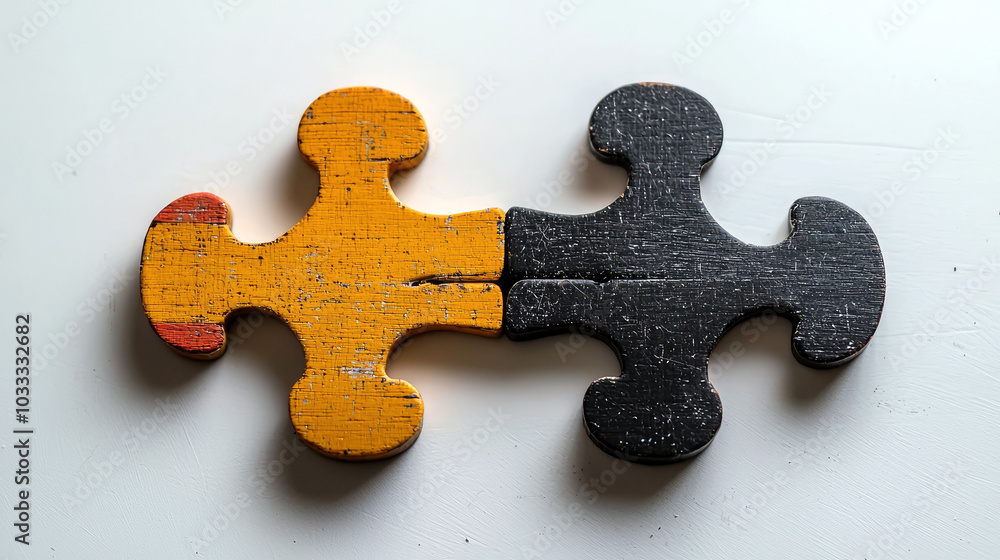 Fototapeta premium Two interlocking puzzle pieces in yellow and black, symbolizing connection and unity.